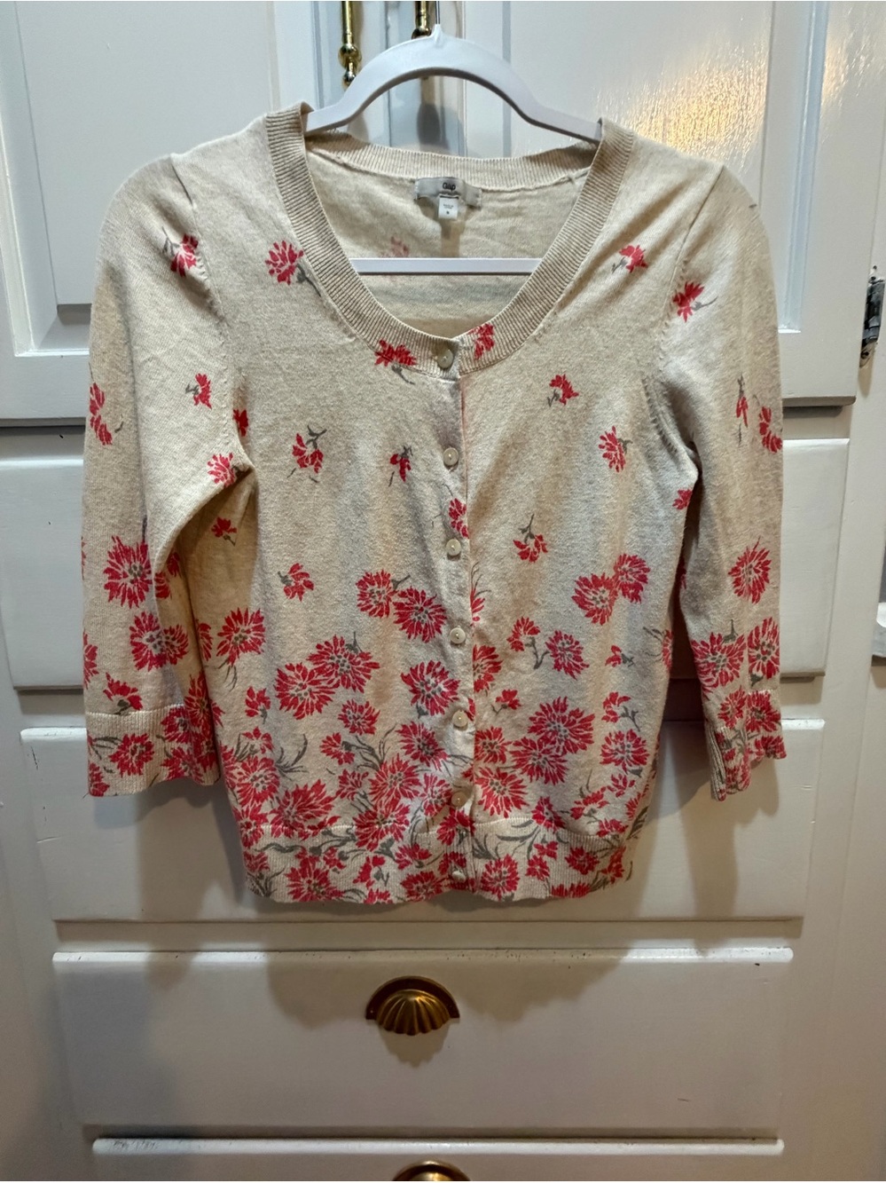 Women’s Sweater Cream, Pinky-red Floral Cotton Cardigan S Front Button